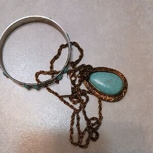 Turquoise and Gold Pendant Necklace and Bangle Set